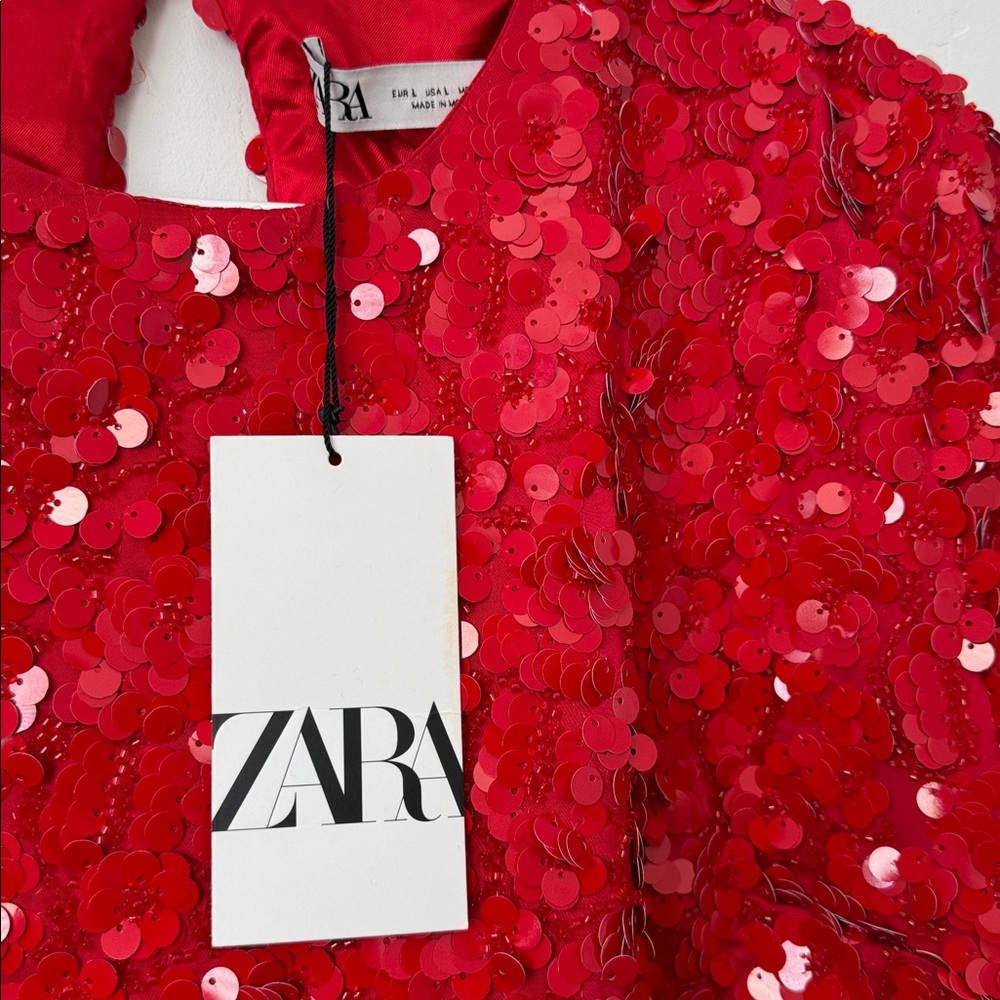 Zara Red Fully Sequined Mini Dress Size: L - Picture 6 of 9